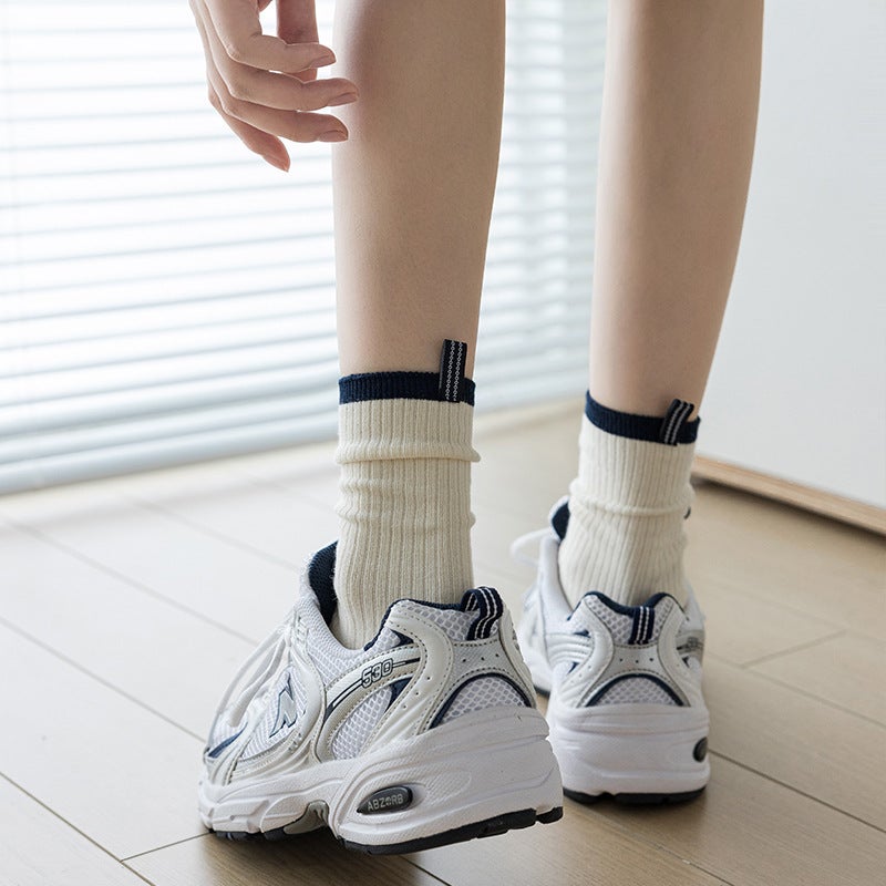 suxinaimin Contrast Color Striped Mid-Socks Women's Instagram Fashionable Autumn and Winter Heel Cloth Label Double Needle Stacked Socks - Image 5