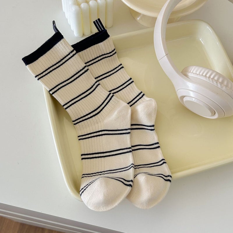 suxinaimin Contrast Color Striped Mid-Socks Women's Instagram Fashionable Autumn and Winter Heel Cloth Label Double Needle Stacked Socks - Image 1