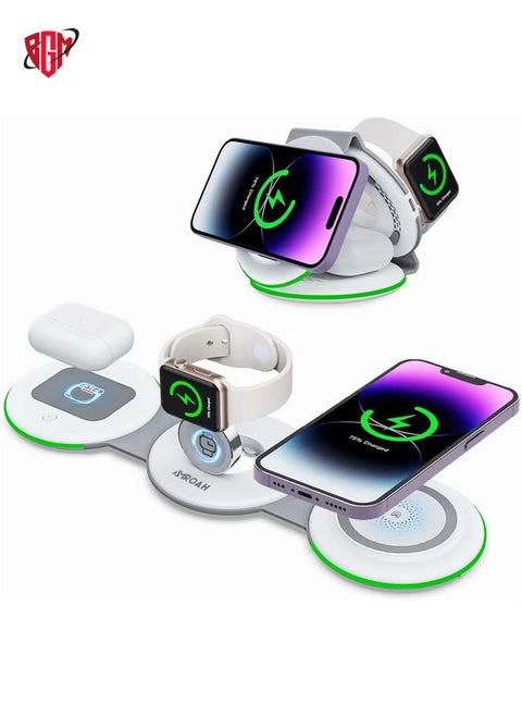 3 in 1 Wireless Charger Foldable Pad, 18W Fast Magnetic All in One Travel Charging Station with Magsafe for iPhone 15/14/13/12/ Series for iWatch 8 7 6 5 4 3 2 SE, White