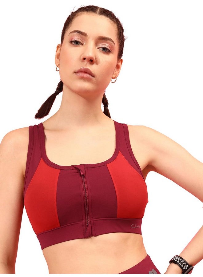 Clovia Women's Medium Impact Padded Colourblocked Racerback Sports Bra with Front Zipper (BRS051P09_Maroon_XXL)-2XL - Image 1