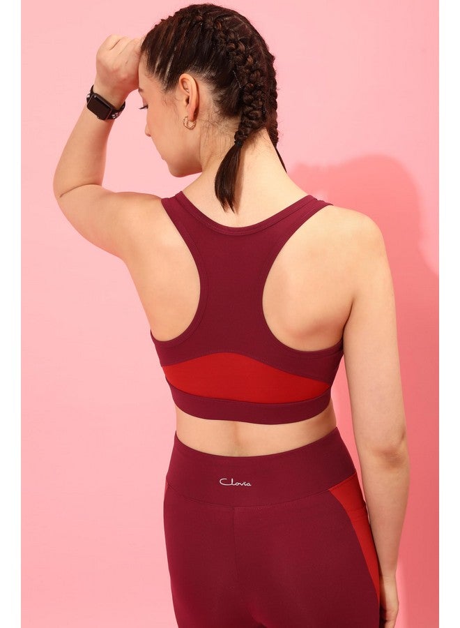 Clovia Women's Medium Impact Padded Colourblocked Racerback Sports Bra with Front Zipper (BRS051P09_Maroon_XXL)-2XL - Image 2
