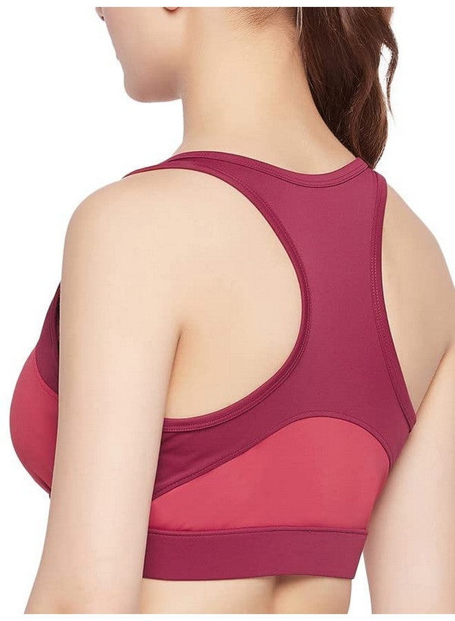 Clovia Women's Medium Impact Padded Colourblocked Racerback Sports Bra with Front Zipper (BRS051P09_Maroon_XXL)-2XL - Image 4