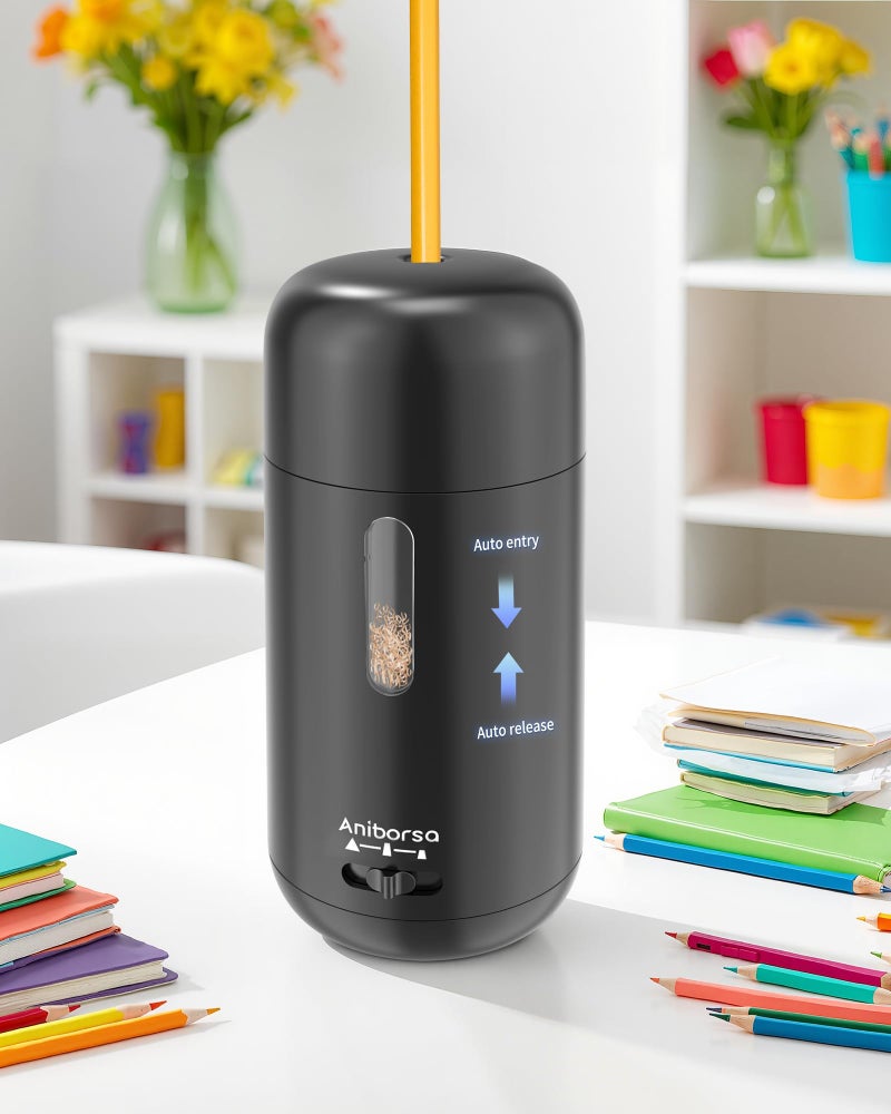 Aniborsa Automatic Electric Pencil Sharpener - Auto Feed, Auto Stop & Auto Eject, Rechargeable for Classroom, Home, School, Office, Black - Image 2