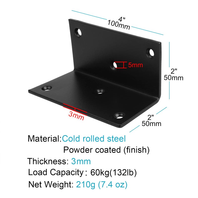 eoere 6 Pcs Steel L Right Angle Bracket 4"" X 2"" Metal Joint  Thickness 3Mm  Max Load 132Lb  Corner Brace For Wood Shelves  Furniture  Cabinet(Black)  Screws Not Included - Image 2