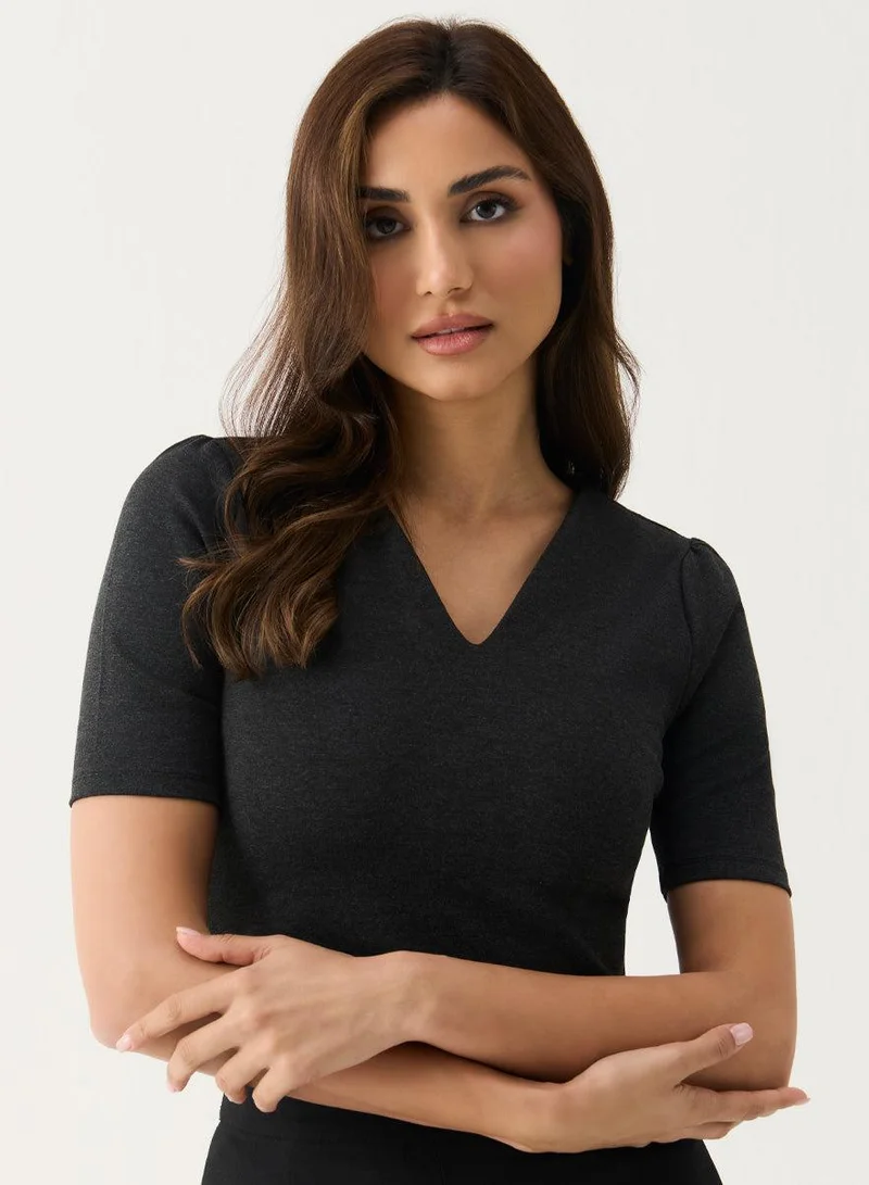 Zigzag Curve Vneck Marl Grey Top