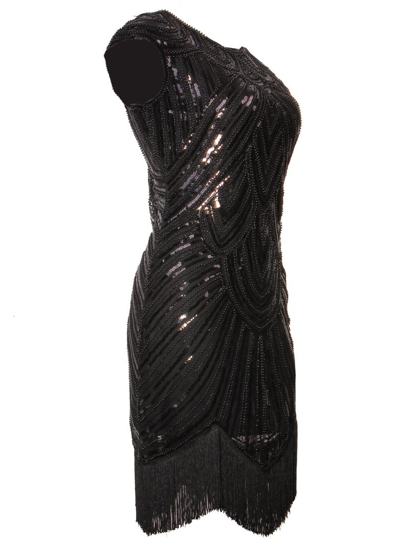Vijiv Art Deco Great Gatsby Inspired Tassel Beaded 1920s Flapper Dress,Small,Pure Black - Image 2