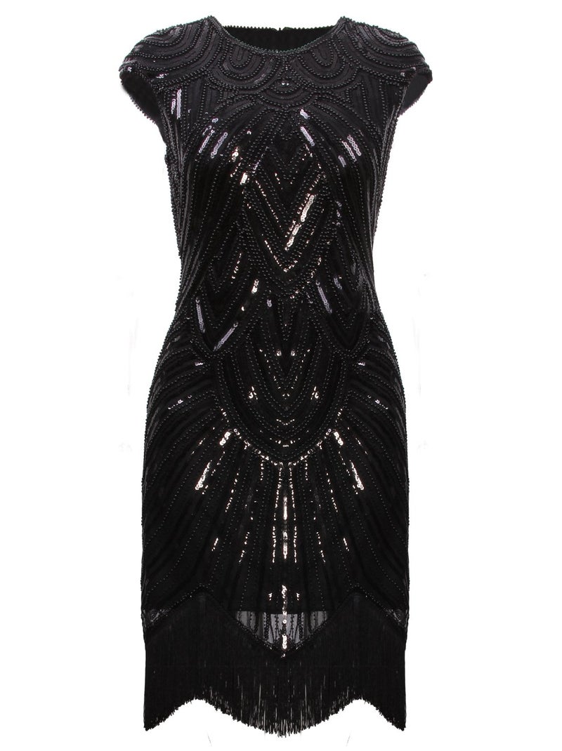 Vijiv Art Deco Great Gatsby Inspired Tassel Beaded 1920s Flapper Dress,Small,Pure Black - Image 1