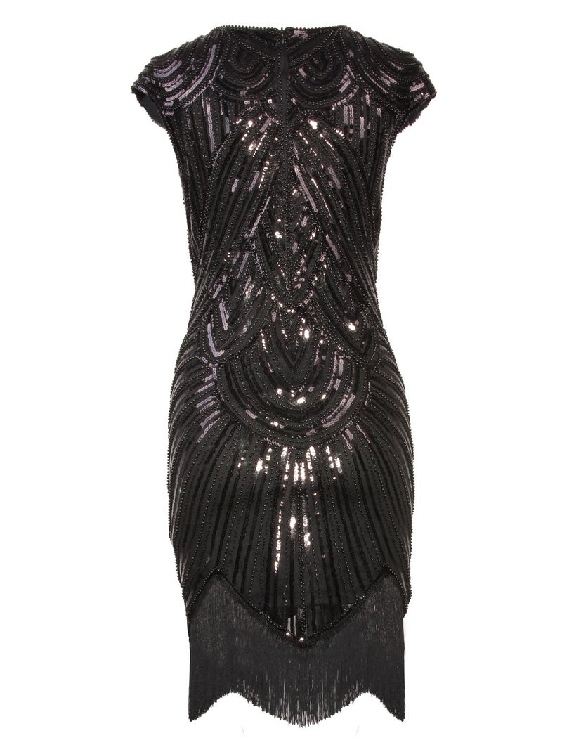 Vijiv Art Deco Great Gatsby Inspired Tassel Beaded 1920s Flapper Dress,Small,Pure Black - Image 3