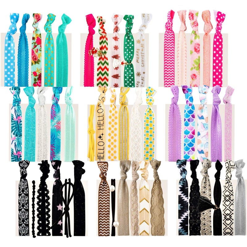 79STYLE 50pcs Elastic Hair Ties No Crease Ouchless Cute Print Ribbon Ponytail Holders Braid Soft Fabric Yoga Twist Cute Hair Ties Hair Accessories Hand Knotted Fold Over Solid Colors 50 - Image 3