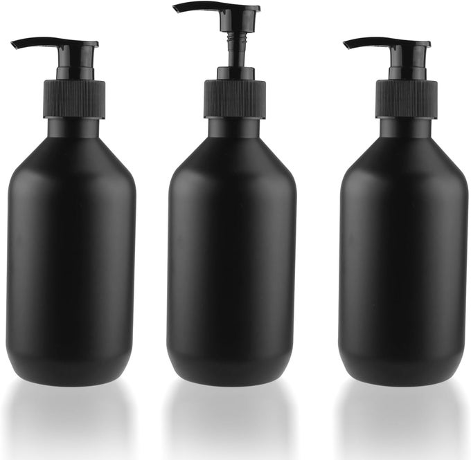 BOSMOIW 3 PIECES 300ML/10OZ BLACK MATTE PET SOAP DISPENSER,PLASTIC SHAMPOO PUMP BOTTLE,EMPTY HAND SOAP CONTAINERS,BATHROOM COUNTERTOP PUMP DISPENSERS FOR SHAMPOO,CONDITIONER,SHOWER GEL,MASSAGE OIL