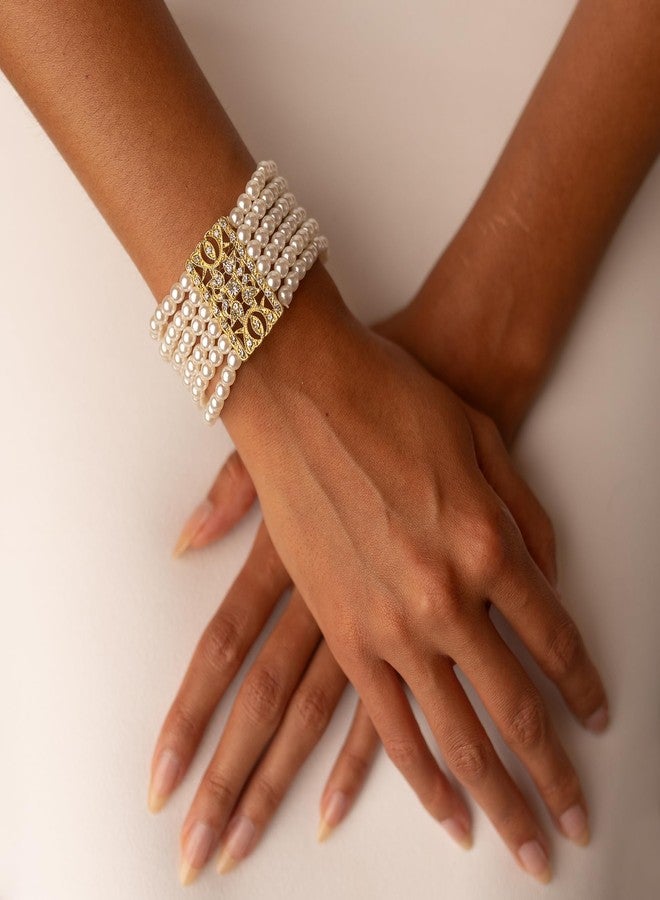 Mariell Ivory Pearl and Gold Crystal Stretch Cuff Bracelet, Medium Size 6" to 7" Fits Most Wrists, Simulated Pearls,Vintage Design Bracelet For Brides, Weddings, Mother of the Bride - Image 4