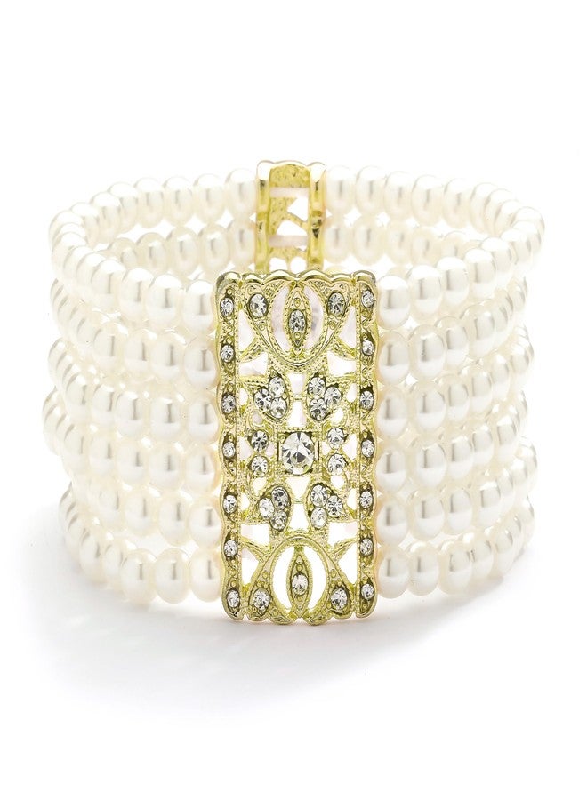 Mariell Ivory Pearl and Gold Crystal Stretch Cuff Bracelet, Medium Size 6" to 7" Fits Most Wrists, Simulated Pearls,Vintage Design Bracelet For Brides, Weddings, Mother of the Bride - Image 1