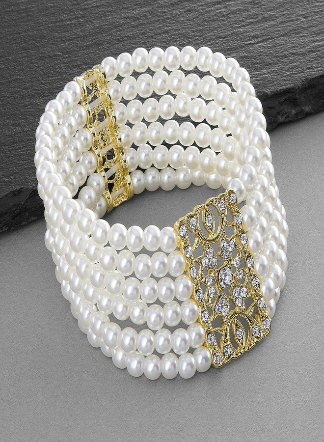Mariell Ivory Pearl and Gold Crystal Stretch Cuff Bracelet, Medium Size 6" to 7" Fits Most Wrists, Simulated Pearls,Vintage Design Bracelet For Brides, Weddings, Mother of the Bride - Image 3