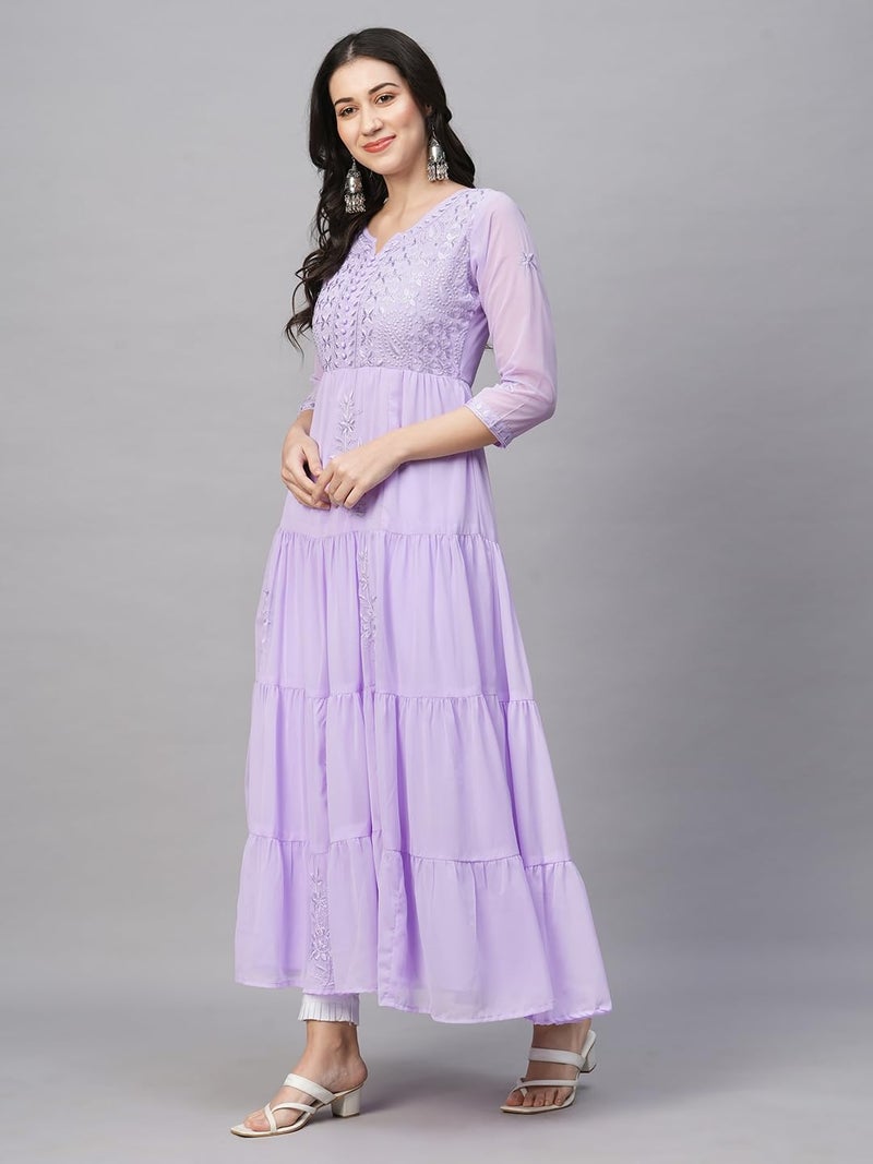 RATAN Women's Solid Georgette Tiered Chikankari Flared Regular Fit Kurti Gown Maxi Dress (MSK-LAV-M_Lavender), Medium - Image 5