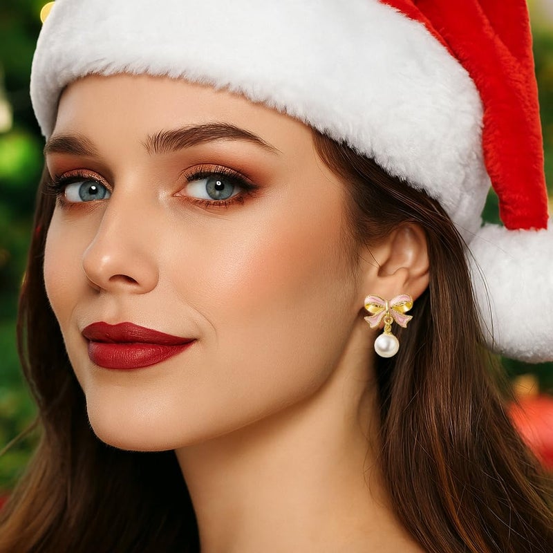ecozran Dainty Pearl Bow Earrings Pearl Bow Stud Earrings Christmas Party Holiday Jewelry Gifts for Women (Pink -K) - Image 4