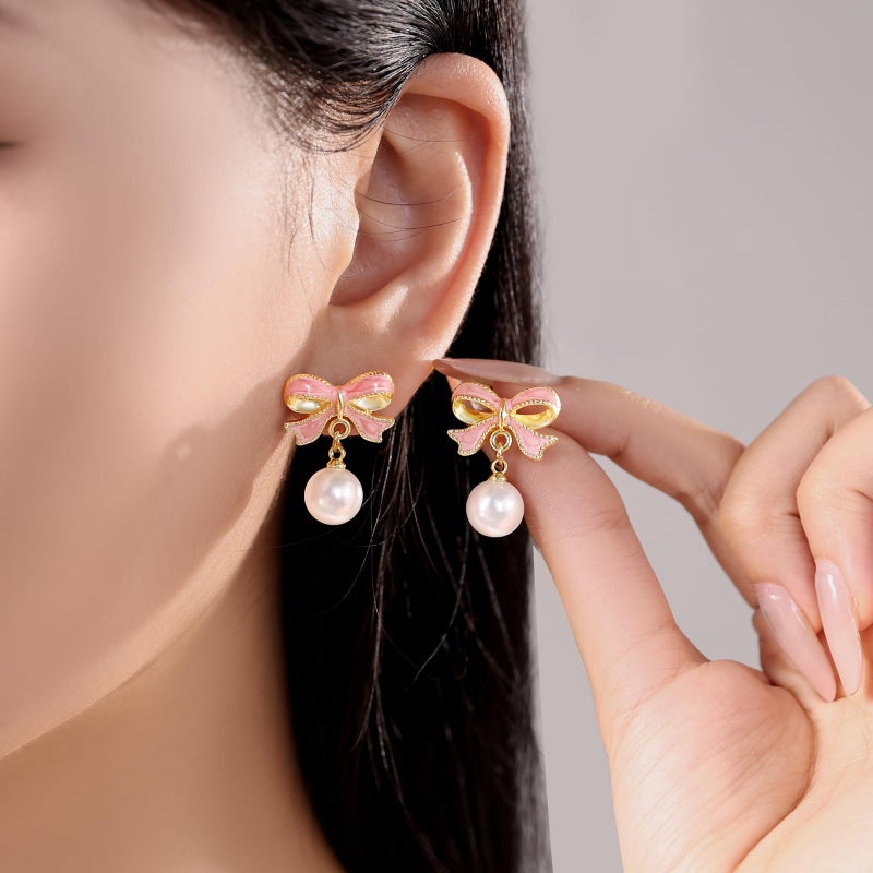 ecozran Dainty Pearl Bow Earrings Pearl Bow Stud Earrings Christmas Party Holiday Jewelry Gifts for Women (Pink -K) - Image 3