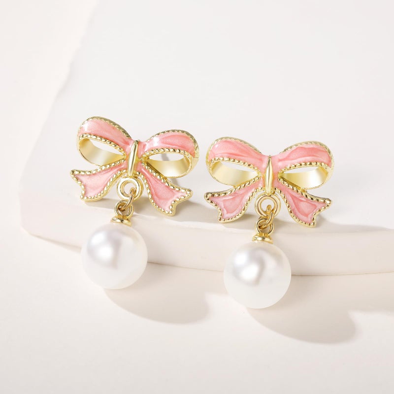 ecozran Dainty Pearl Bow Earrings Pearl Bow Stud Earrings Christmas Party Holiday Jewelry Gifts for Women (Pink -K) - Image 2