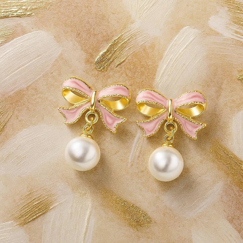 ecozran Dainty Pearl Bow Earrings Pearl Bow Stud Earrings Christmas Party Holiday Jewelry Gifts for Women (Pink -K) - Image 1