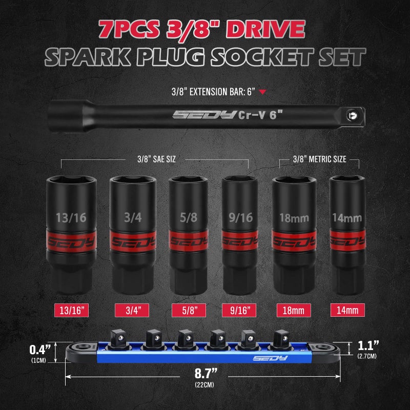 SEDY 8-Piece 3/8''-Drive Spark Plug Socket Set, SAE & Metric Impact Spark Plug Socket Set with Magnetic Rail, 9/16-inch, 5/8-inch, 3/4-inch, 13/16-inch, 14mm, 18mm, Extension Bars - Image 2