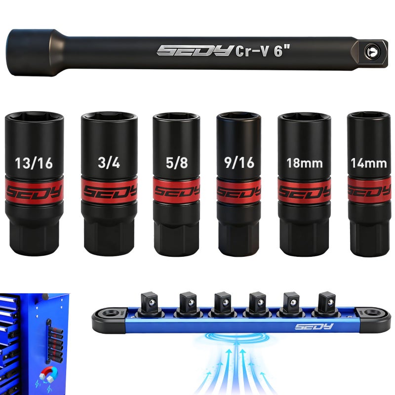 SEDY 8-Piece 3/8''-Drive Spark Plug Socket Set, SAE & Metric Impact Spark Plug Socket Set with Magnetic Rail, 9/16-inch, 5/8-inch, 3/4-inch, 13/16-inch, 14mm, 18mm, Extension Bars - Image 1