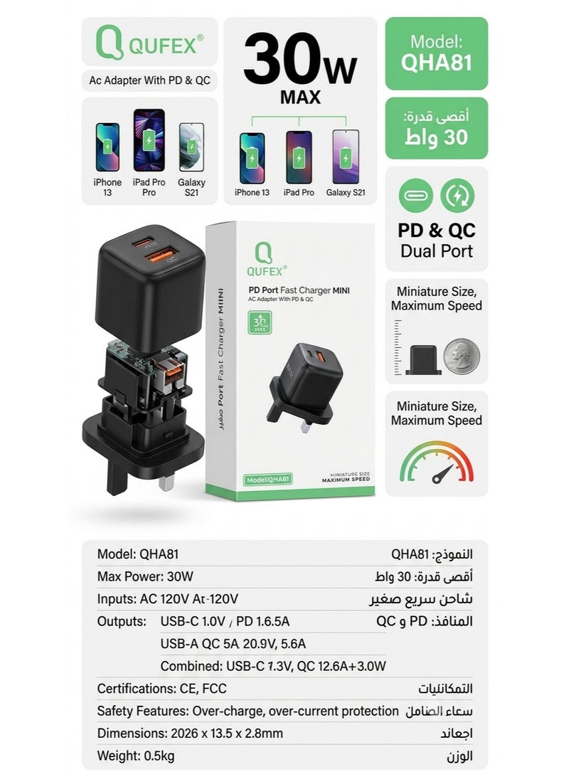 QUFEX Dual PD + USB charging ports  30W PD wall charger - Black - Image 2