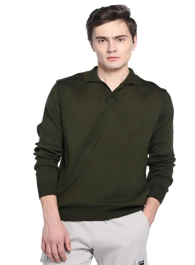 Dennis Lingo Olive Regular Fit Sweater for Men - 100% Acrylic, Solid, Shirt Collar, Full Sleeves, Casual