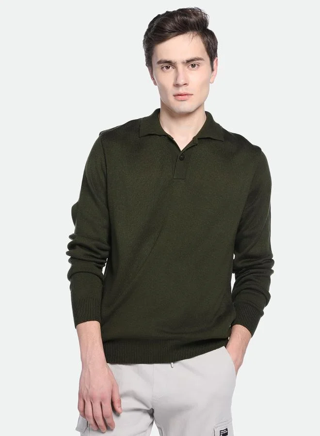 Dennis Lingo Olive Regular Fit Sweater for Men - 100% Acrylic, Solid, Shirt Collar, Full Sleeves, Casual