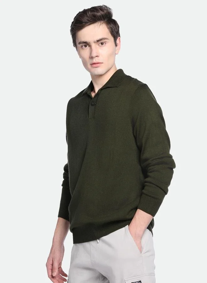 Dennis Lingo Olive Regular Fit Sweater for Men - 100% Acrylic, Solid, Shirt Collar, Full Sleeves, Casual