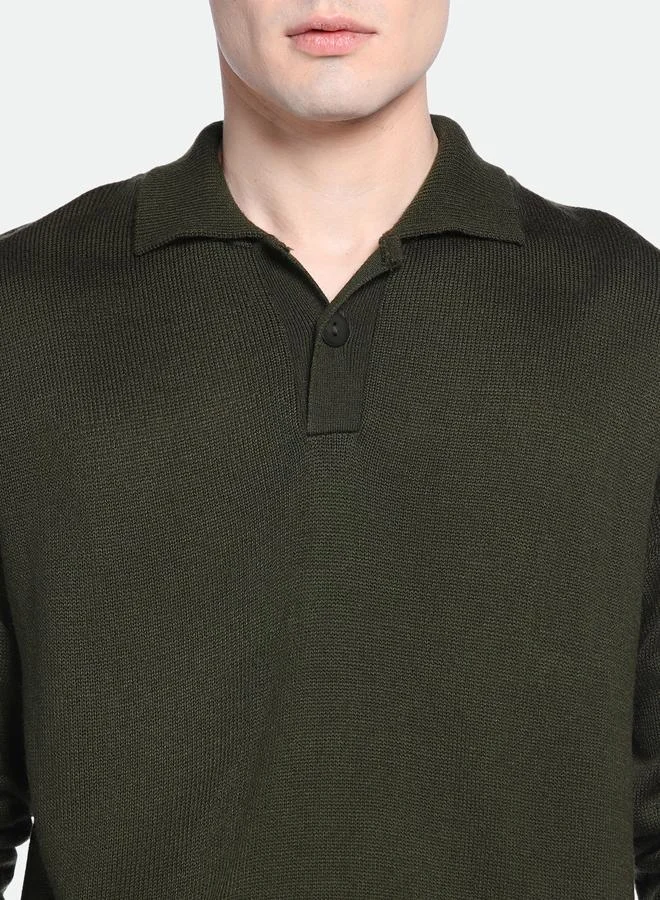 Dennis Lingo Olive Regular Fit Sweater for Men - 100% Acrylic, Solid, Shirt Collar, Full Sleeves, Casual