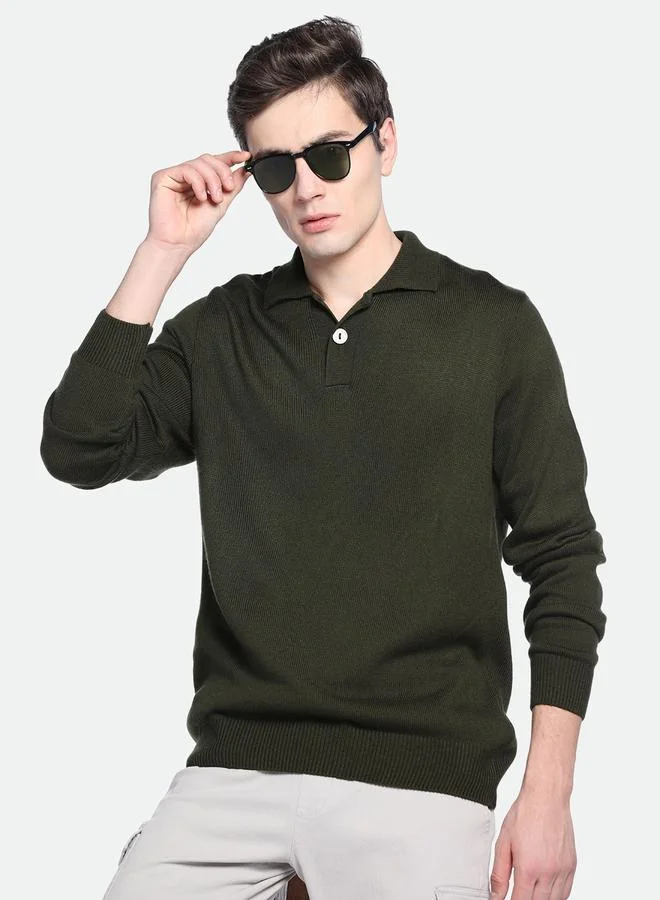 Dennis Lingo Olive Regular Fit Sweater for Men - 100% Acrylic, Solid, Shirt Collar, Full Sleeves, Casual