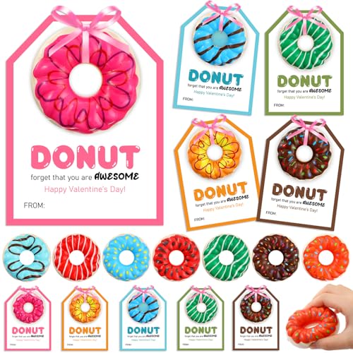 Engrowtic 30 Pcs Valentines Day Donut Stress Balls for Kids with Funny Valentines Cards Donut Squeeze Toys for Girls Boys Classroom Exchange Gifts Stress Relief Balls for Valentines Birthday Party - Image 1