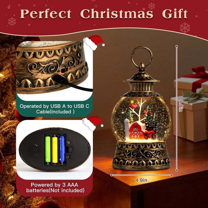 Aixuler Christmas Snow Globe, Red Barn Truck Musical Snow Globe Lantern Lights with 6H Timer Battery & USB Powered, Retro Style Holiday Glitter Globe for Xmas Home Decoration Holiday Party Gifts - Image 4