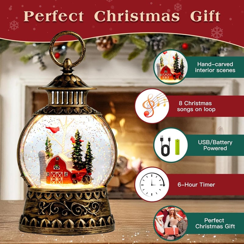 Aixuler Christmas Snow Globe, Red Barn Truck Musical Snow Globe Lantern Lights with 6H Timer Battery & USB Powered, Retro Style Holiday Glitter Globe for Xmas Home Decoration Holiday Party Gifts - Image 2