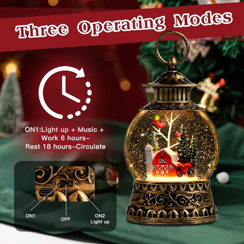 Aixuler Christmas Snow Globe, Red Barn Truck Musical Snow Globe Lantern Lights with 6H Timer Battery & USB Powered, Retro Style Holiday Glitter Globe for Xmas Home Decoration Holiday Party Gifts - Image 5