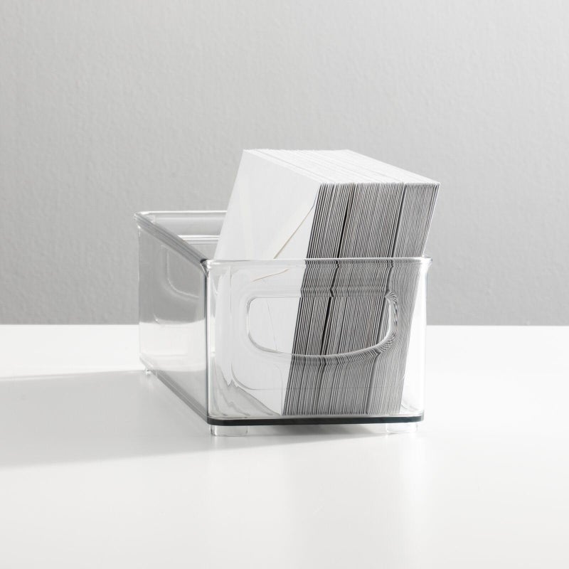 mDesign Small Plastic Office Storage Container Bins with Handles for Organization in Filing Cabinet, Closet Shelf, or Desk Drawers, Organizer for Notes, Pens, Pencils, Ligne Collection, 2 Pack - Clear - Image 2