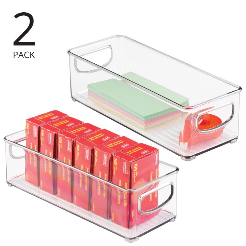 mDesign Small Plastic Office Storage Container Bins with Handles for Organization in Filing Cabinet, Closet Shelf, or Desk Drawers, Organizer for Notes, Pens, Pencils, Ligne Collection, 2 Pack - Clear - Image 1