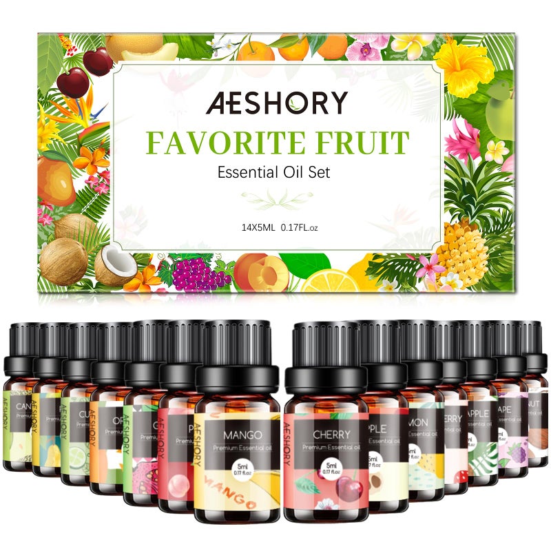 Fruity Essential Oils Set TOP 14 Fragrance Oil for Diffusers Candle Making Includes Strawberry Apple Pineapple Cucumber Melon Cherry Mango Lemon and Orange Scented Aromatherapy Oils 5ml