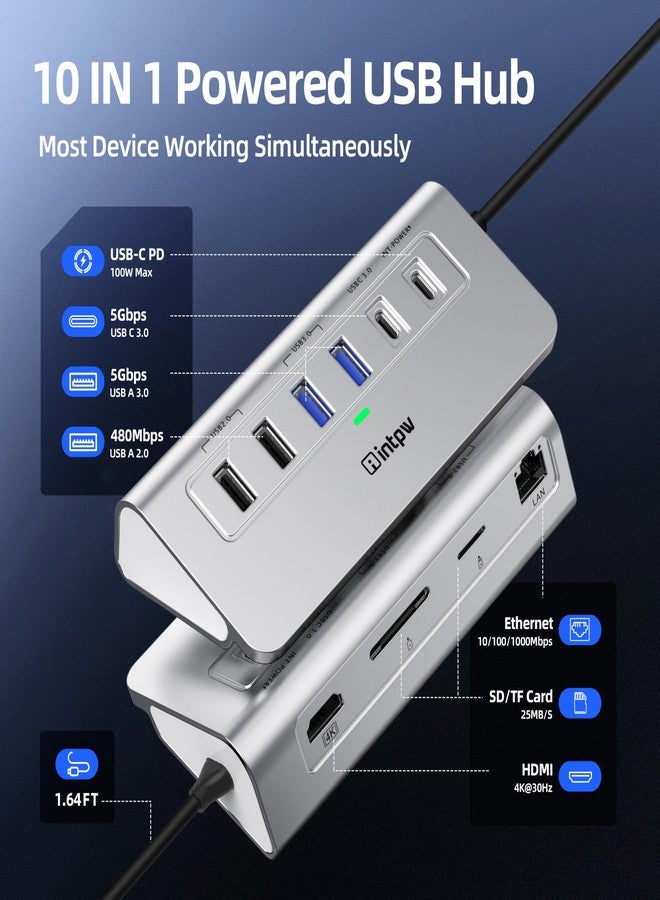 intpw P9R USB C Hub Ethernet, 10-in-1 USB-C Docking Station, Aluminum USB to Ethernet Adapter with 4K HDMI, PD 100W, 1Gbps RJ45, Type-C & 2 A 3.0 5Gbps, 2 Type-A 2.0, SD/TF Slot for MacBook, iPad - Image 2
