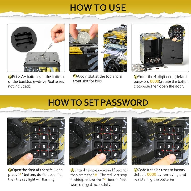 حصاله اليكترونيه للأطفال بالرقم السري وشكل الخزنة - اصفر مع اسود - 881506A - Image 4