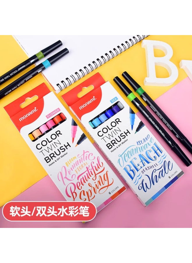 Monami Colorful Elegant Pen Soft Tip Elastic Hand Account Soft Brush Brush English Floral Colored Pen Morandi 6 Color Set 04038Z06-Gm - Image 1
