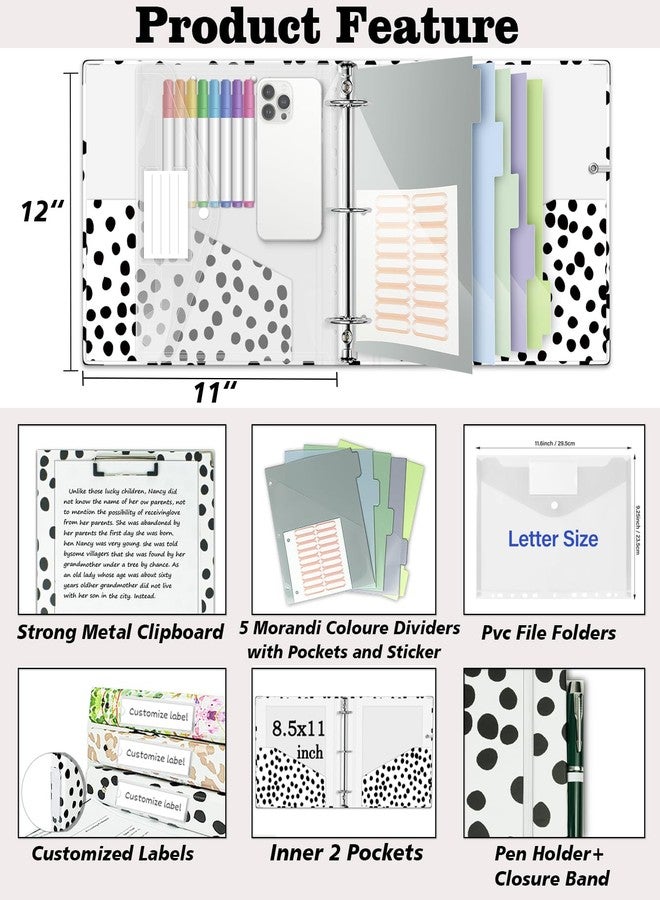 BVSSX 3 Ring Binder Organizer, 2 Inch Three Ring Binders with Clipboard, 5-Tabs Pockets Dividers, Transparent Plastic Folder, Pen Loop, 18 Divider Stikers, Decorative Binder, Polka Dot, Letter Size - Image 2