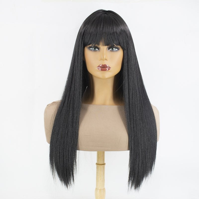 Black bangs long straight hair cross-border e-commerce ladies wig elegant dress party use high temperature silk wig Black