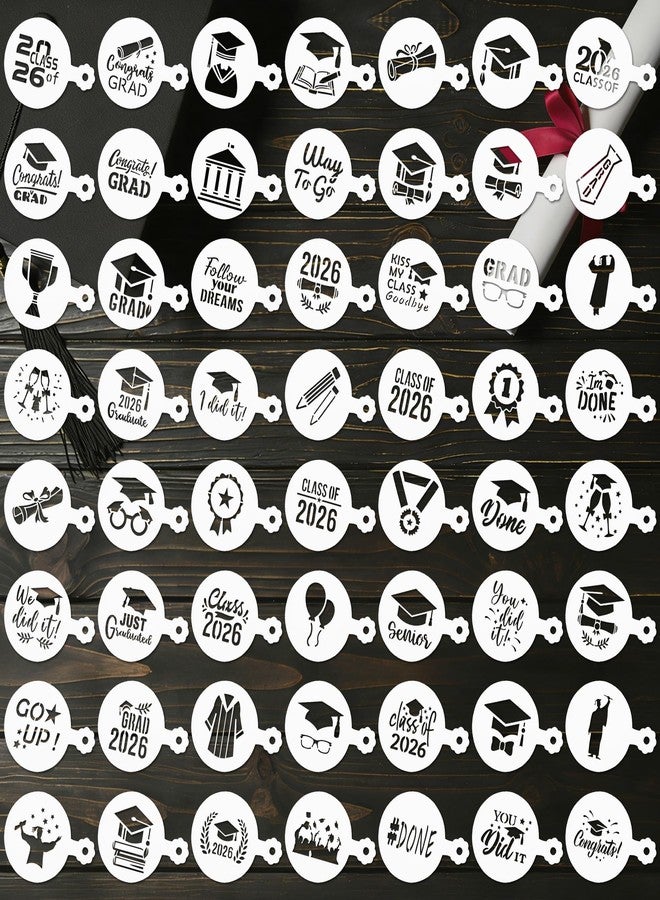 Qumenan 56 Pieces Graduation Cookie Stencils 2026 Graduation Coffee Stencil Reusable Cake Stencils for DIY Graduate Party Decor Baking Painting Dessert Decoration - Image 1
