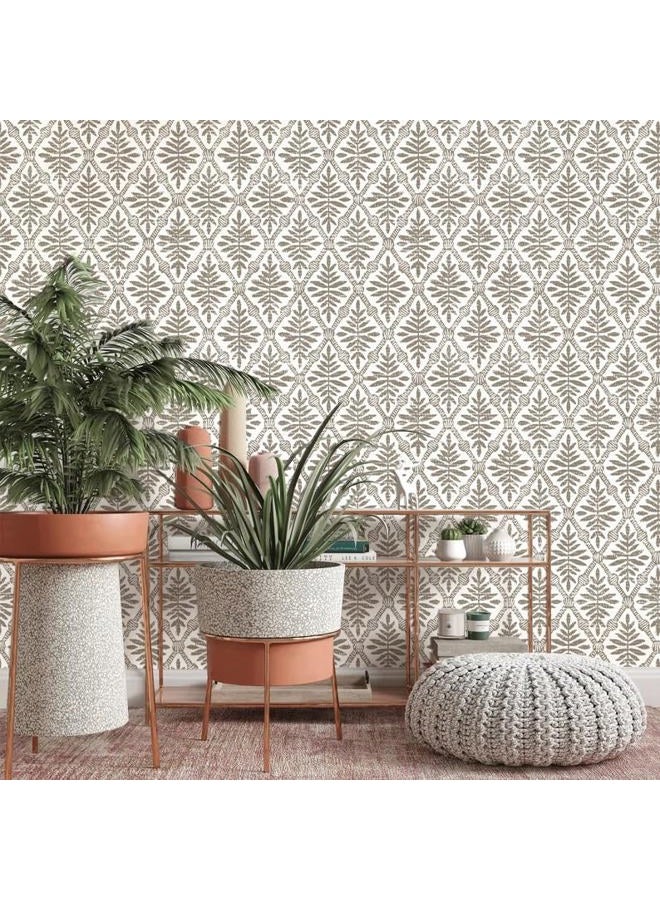 lenify Peel and Stick Wallpaper Beige and Brown Contact Paper 16.9inch x 118.1inch Geometric Wallpaper Vintage Peel and Stick Removable Diamond Floral Wall Paper Self Adhesive Cabinets Decor Vinyl - Image 3