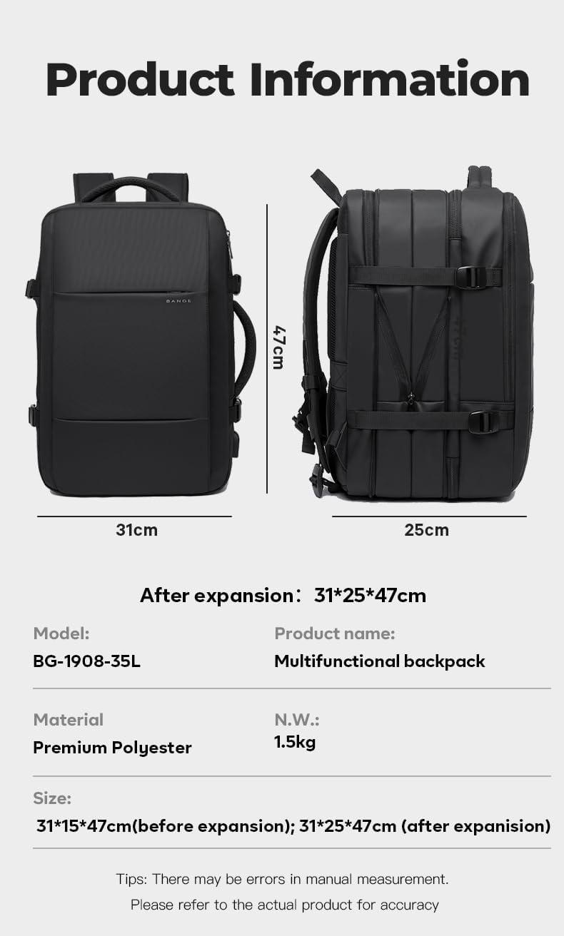 BANGE 35-45L Carry On Backpack Weekender Travel Backpacks 17.3 inch Laptop Back Pack Business Expandable Bag for Men and Women - Image 4