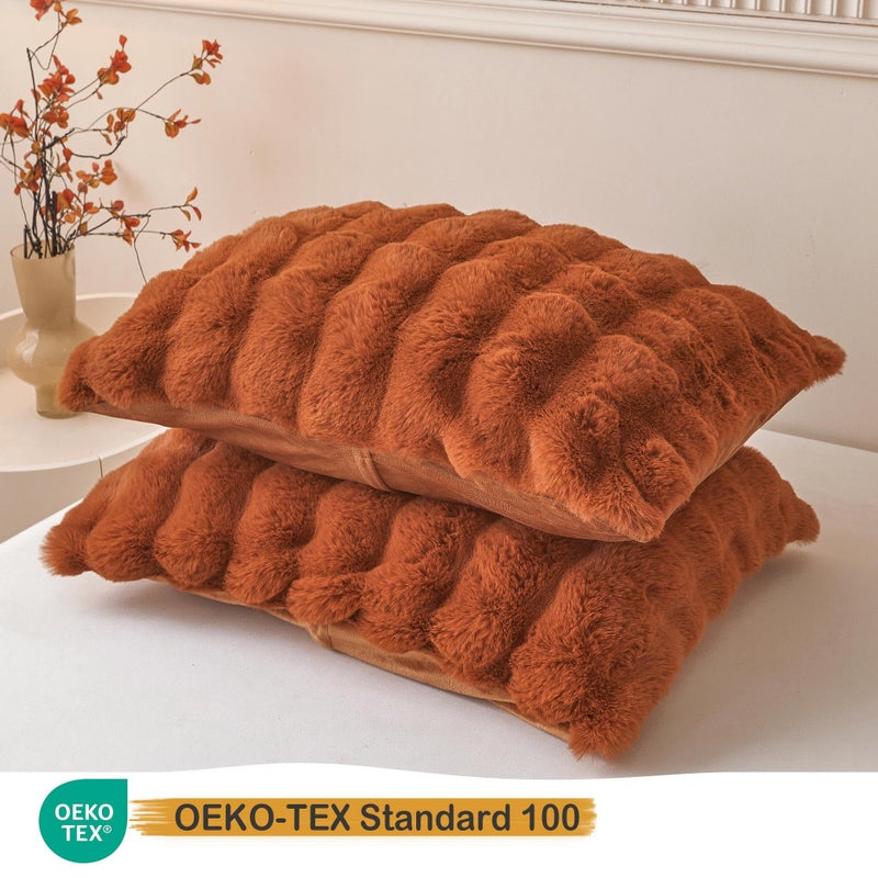 LIFEREVO 2 Pieces Fluffy Faux Rabbit Fur Pillow Cases, Luxury Soft Plush Shaggy Bubble Pillowcases Standard Size with Zipper, Furry Fuzzy Long Pillow Shams Adult Girls Kids Teens 20x26, Burnt Orange - Image 3
