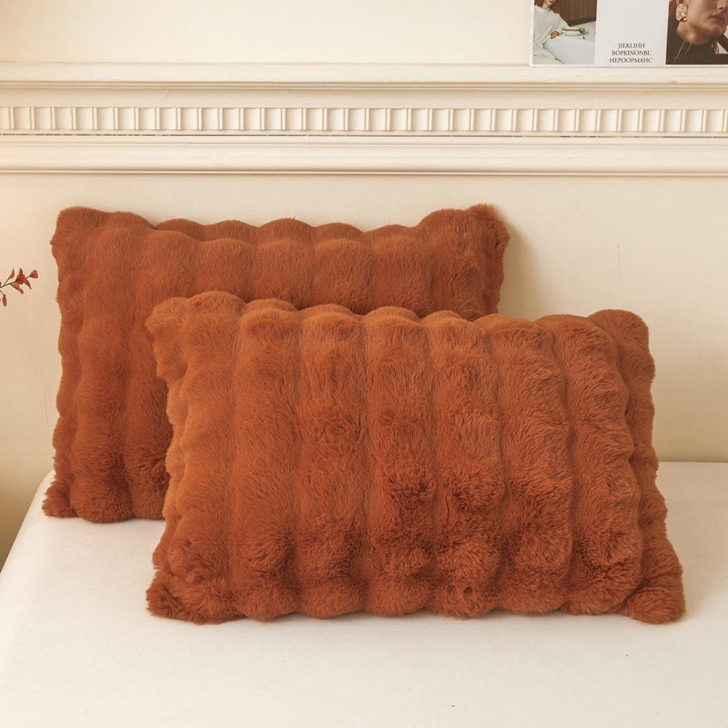 LIFEREVO 2 Pieces Fluffy Faux Rabbit Fur Pillow Cases, Luxury Soft Plush Shaggy Bubble Pillowcases Standard Size with Zipper, Furry Fuzzy Long Pillow Shams Adult Girls Kids Teens 20x26, Burnt Orange - Image 1
