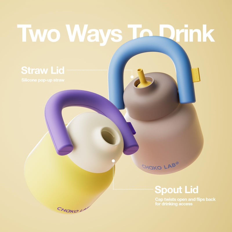 CHAKO LAB Water Bottle with Straw and Carry Handle | Wide Mouth vacuum Ceramic Liner | Reusable, leak-proof and BPA-free | 33oz(Yellow&Purple) - Image 4