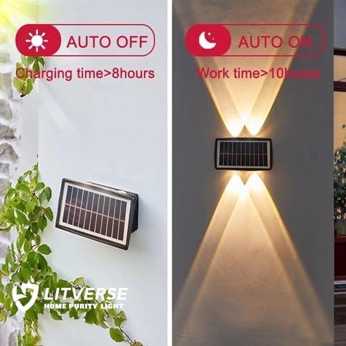 LITVERSE Solar Lights for Outside Solar Fence Lights Outdoor Up and Down Solar Wall Lights for, Garden,Home Decor, Courtyard and Balcony Decoration, Auto on Off 4 LEDs (ABS,Warm Light) - Image 3