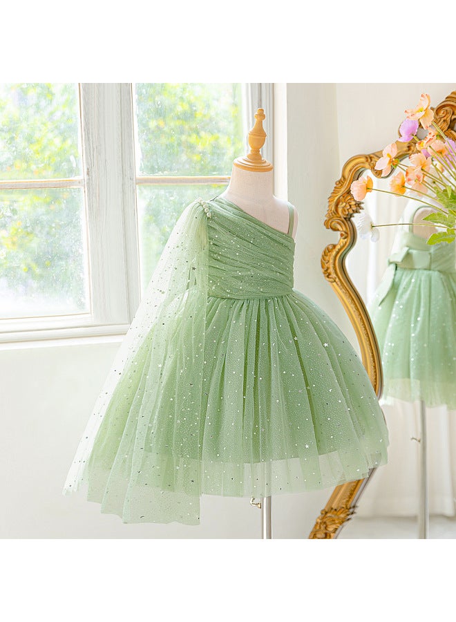 Children's Beaded Suspender Princess Dress Slanted Shoulder Dress Flower Girl Wedding Dress Little Girl Kindergarten Piano Performance Dress